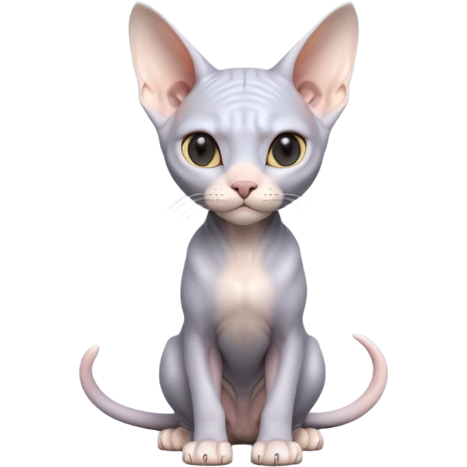 A 3D cartoon silver-gray Sphynx cat with smooth skin, gentle expression, elegant pastel lighting, cinematic Memoji rendering. full body or half body. emoji