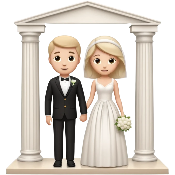A 3D cartoon courthouse wedding venue with a bride and groom standing at the entrance, elegant white columns, soft natural lighting, simple modern decor, minimal background, realistic Memoji-style rendering. emoji