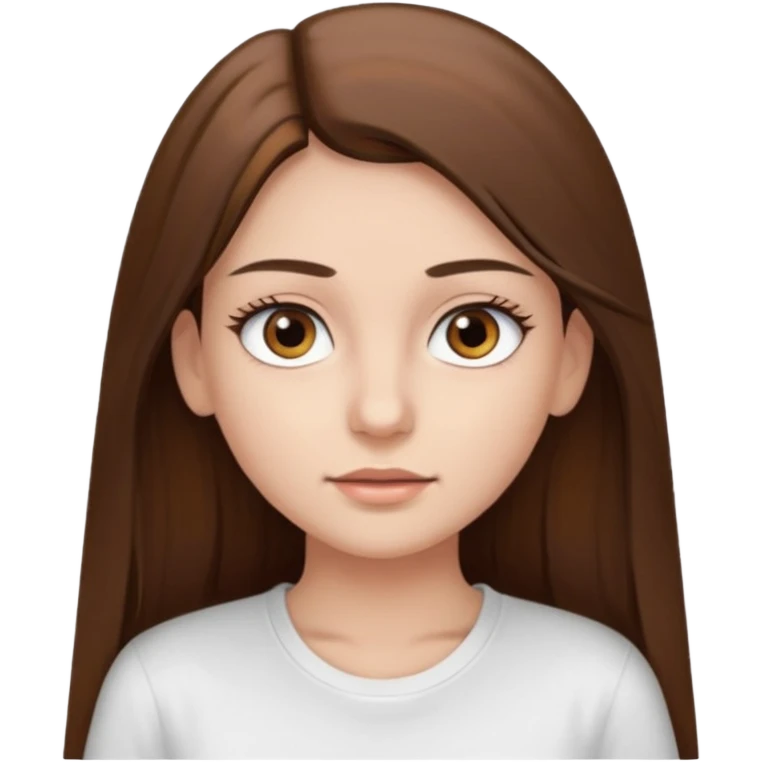 Chica de pelo liso ,largo y marrón con ojos color marrón  y una camiseta blanca y la piel blanca con pestañas emoji
