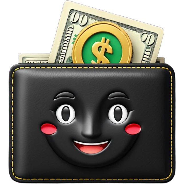 Rich emoji style black leather wallet with dollar bills, luxury money vibe, premium 3D emoji, ultra clean, high detail, no background emoji