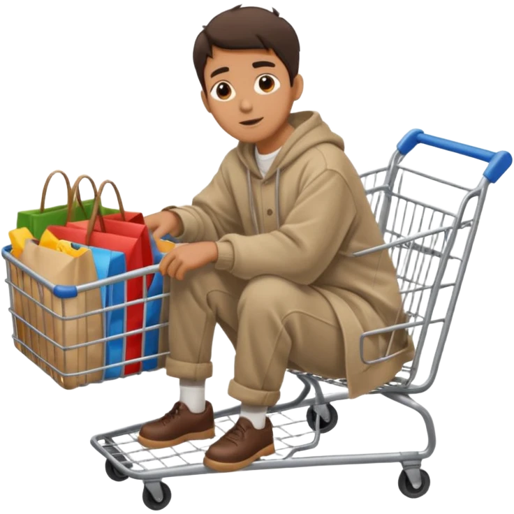 A man in oversized second-hand clothes, sitting beside a shopping cart of items, looking around with soft hopeful eyes.
 emoji