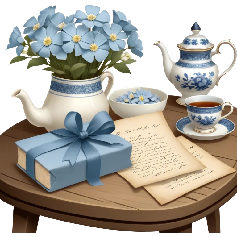 A timeless arrangement of a dusty blue silk ribbon loosely wrapped around a bundle of aged letters, with pressed white flowers and a porcelain tea set in the background.
 emoji