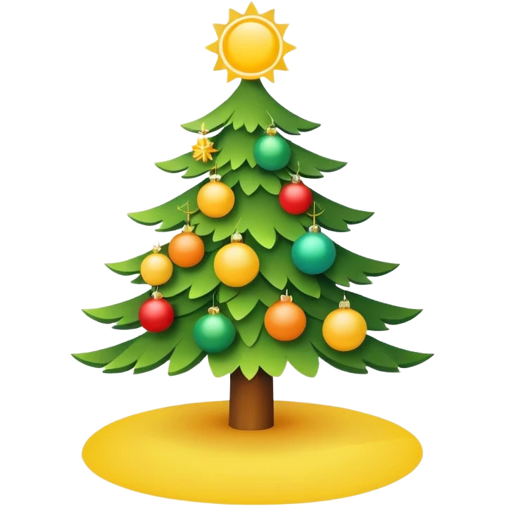 A bright sun next to a decorated Christmas tree, symbolizing summer party and Christmas celebration. Minimal details, flat colors, rounded shapes. emoji