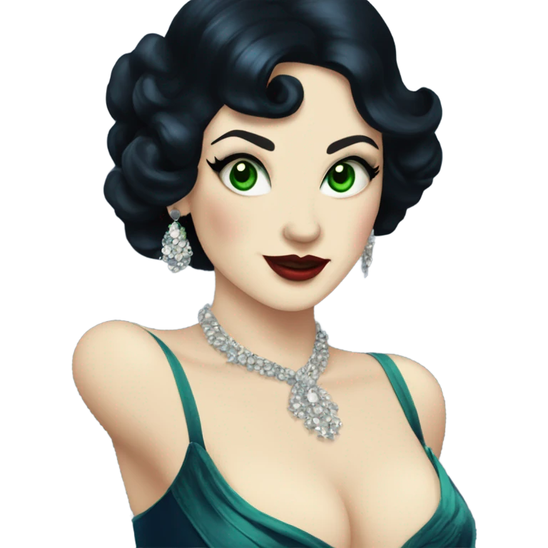 Burlesque dancer with black hair, pale skin, and green eyes in a dark blue vintage costume dancing emoji