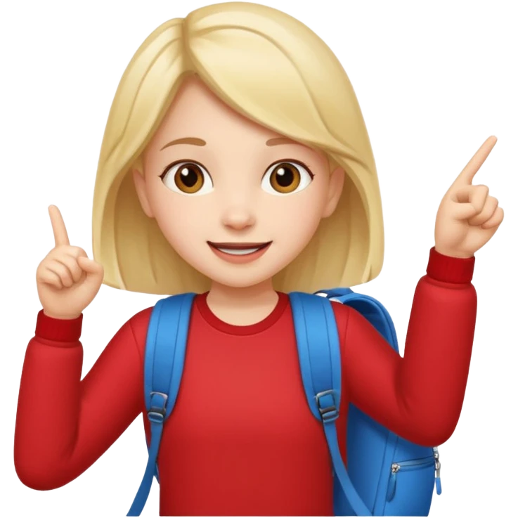 cheerful girl with red backpack pointing up to the left emoji