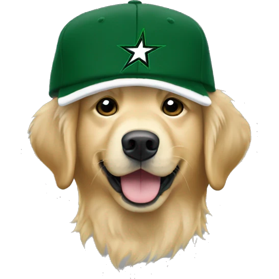 Golden retriever wearing dallas stars winter hat emoji