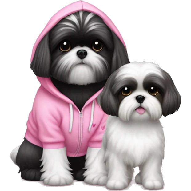 one very cute black and white  shih tzu girl and one white  girl maltaise dog wearing a pink hoodie with hearts emoji