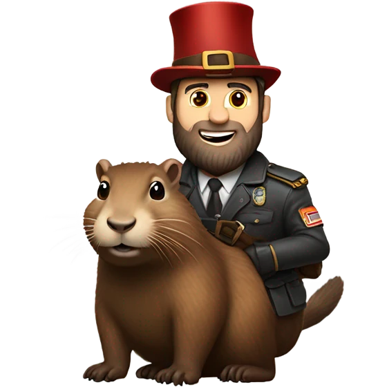 Confident armored White Man with dark brown hair and a short beard riding on the back of a giant groundhog wearing a birthday hat emoji