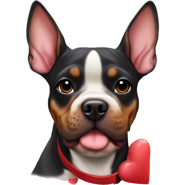 Doberman-colored French bulldog with hearts around him emoji