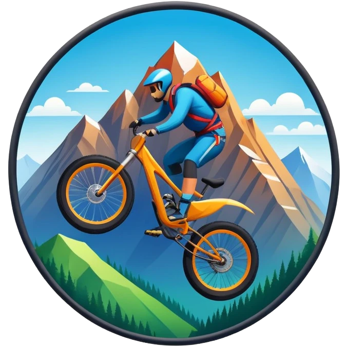 A bold, dynamic emblem combining elements of extreme sports like a mountain, a bike, and a parachute, all within a circular or shield-like shape. The design conveys speed, adventure, and adrenaline, with sharp lines and vibrant colors representing the thrill and intensity of extreme sports. emoji