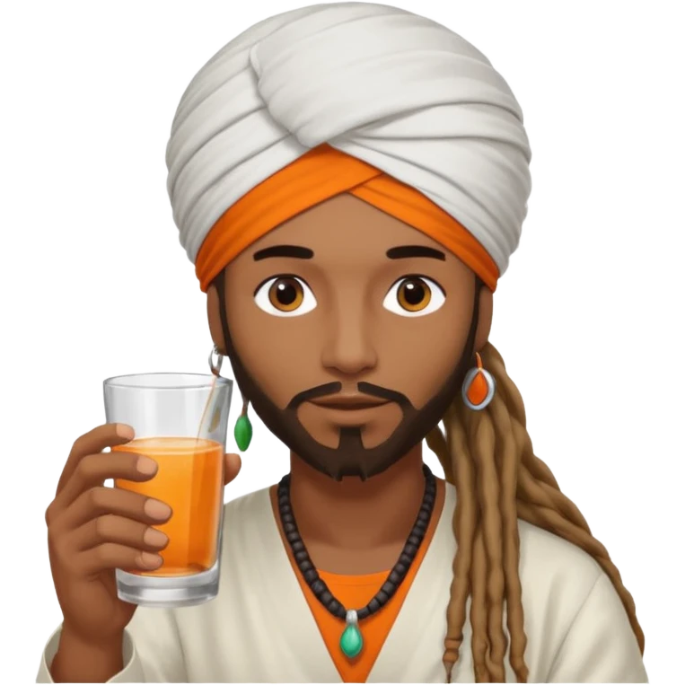 Brownskin man with long dreadlocks add a white turban on his head orange shirt drinking  emoji