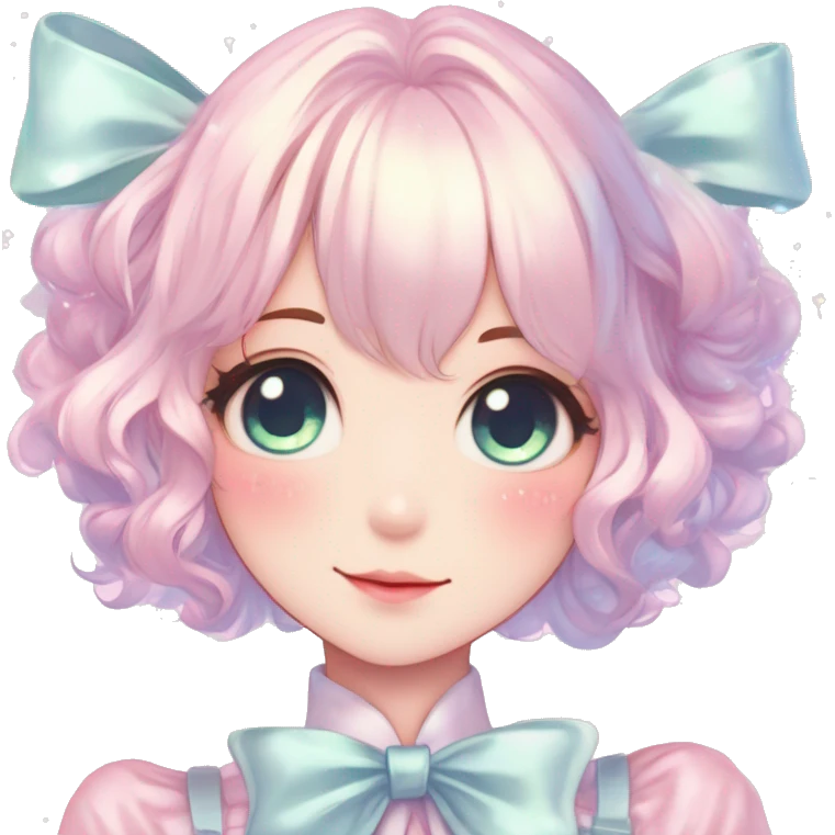 Gorgeous pastel anime style lady with blushing face with sparkly bow tie idol model cottagecore fairycore pastelcore shiny colorful pearly petite simplistic aesthetic trending style emoji