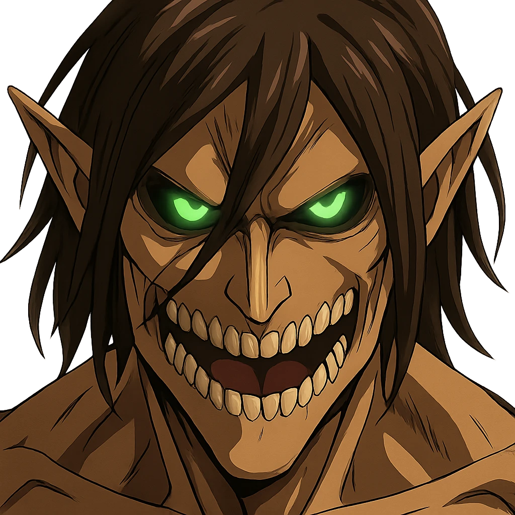 Eren Jaeger Titan form, close-up face, glowing green eyes, fierce, anime style emoji