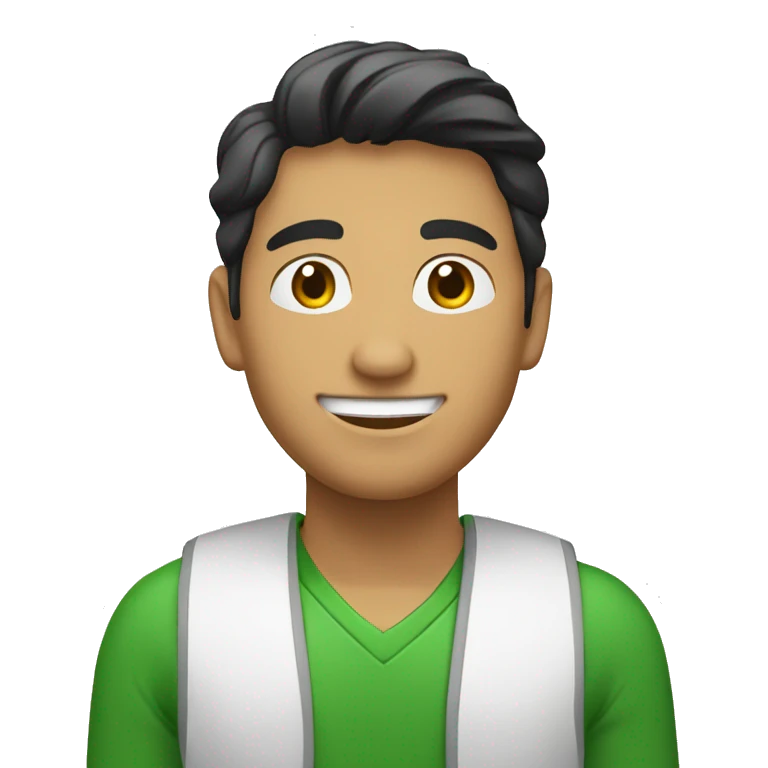 Un señor latino joven, con sonrisa y ropa verde y blanca emoji