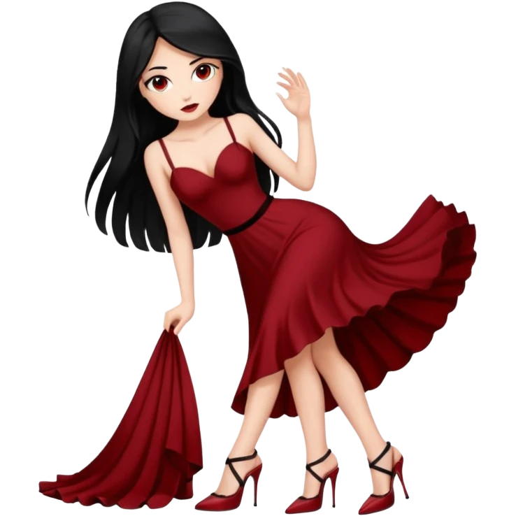 Chica blanca ,ojos marrones, vestido granate muy largo sexy tirantes caidos,  cuerpo entero pelo negro y largo zapatos negros tacon emoji