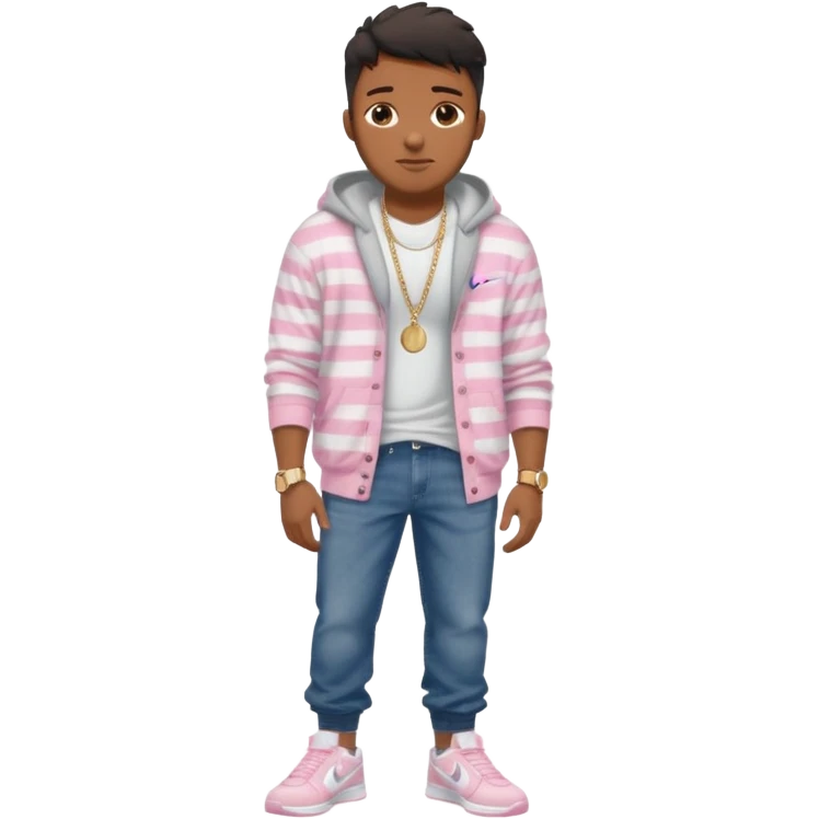 Handsome Black guy with brown skin tone, with muscular build, wearing long baggy dark denim jeans, a white t-shirt, pink and gray striped fuzzy cardigan, white Nike sneakers, a gold watch, and a dainty chain emoji