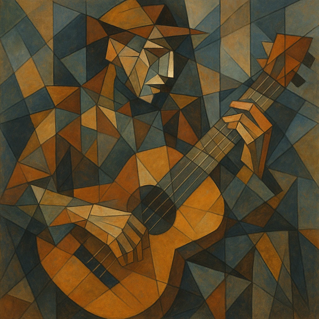 Musician playing a guitar with limbs and strings fractured into overlapping cubes and triangles.
 emoji