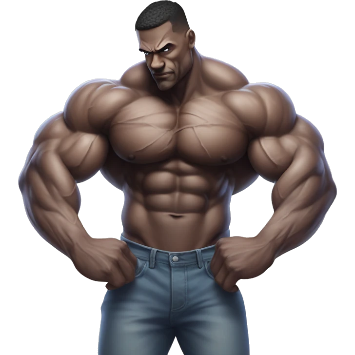 A hyper-muscular man with veins prominently visible across his massive arms and chest, his exaggerated physique dominating the image as he crosses his arms over a well-defined six-pack, creating an extra surreal and intense visual. emoji