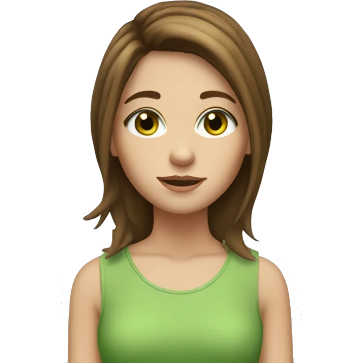 girl with brown middle length hair with layers, green eyes, freckles,  emoji