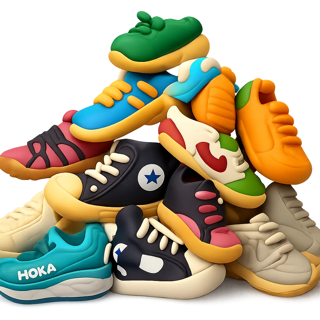 Transform the pile of mixed sneakers into a playful and vibrant 3D emoji style that is polished and less cartoonish. The style should resemble Microsoft style 3D fluent emojis with a transparent background. emoji