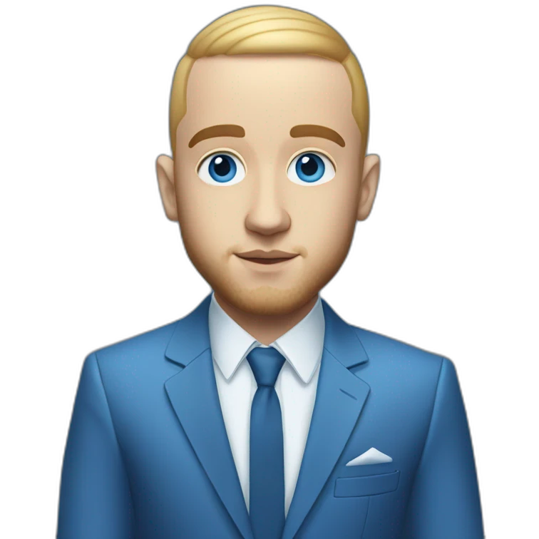 realism mac miller with a blonde comb over skin fade and blue eyes wearing a blue suit emoji