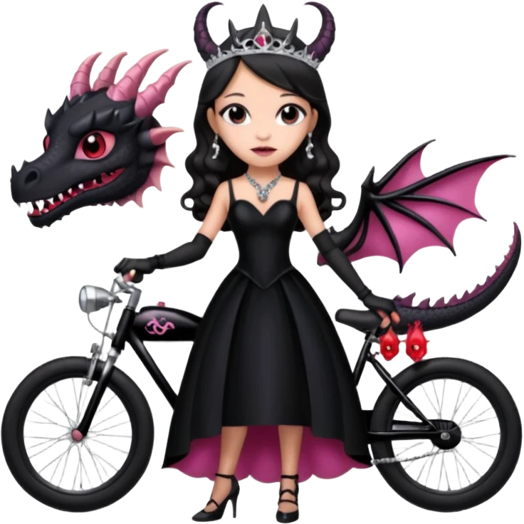  black evening gown with see-through gloves, Jenna Ortega as Addams woman prom queen wearing a mini tiara, very large blood  pink evil-looking horned old dragon bike emoji