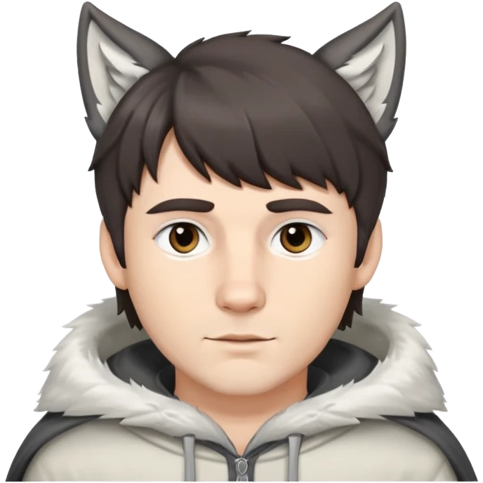 white man with grey eyes, dark short brown hair with curtain bangs, and white wolf ears emoji