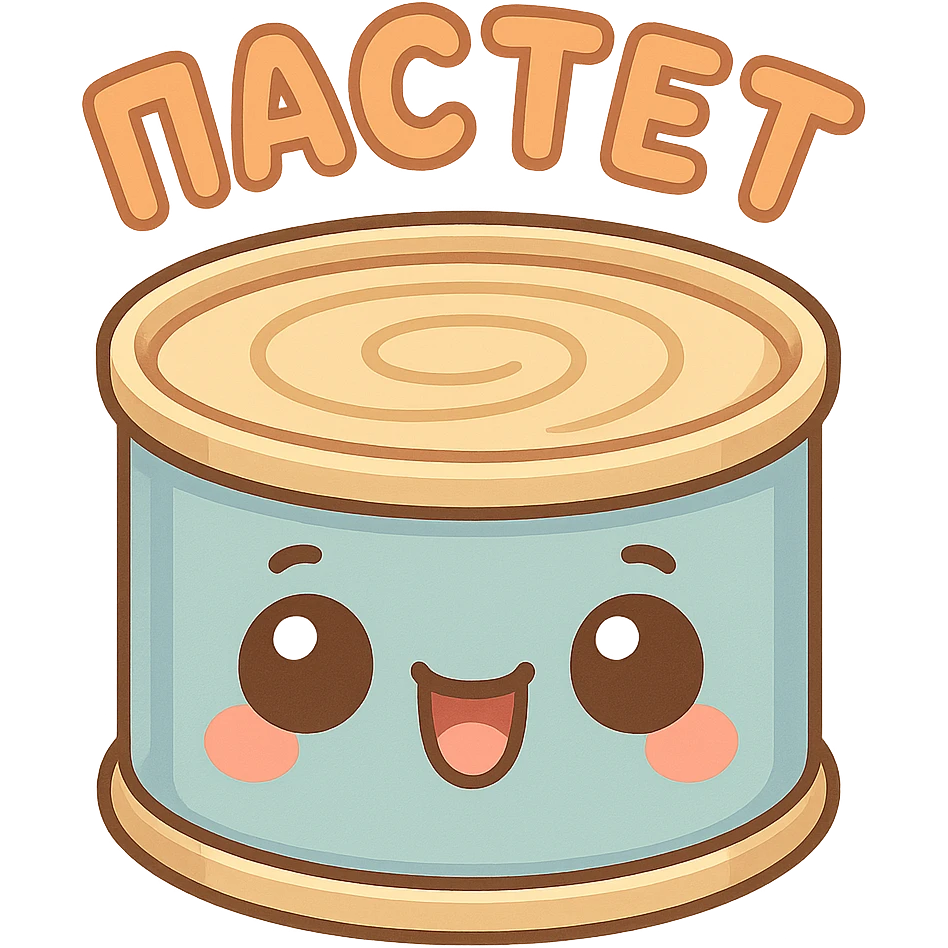 A cute tin can of pâté with big expressive cartoon eyes, smiling and happy face, kawaii style, pastel colors, soft shading, simple background, adorable character design, high quality illustration, playful and funny mood, text on top saying "ПАСТЕТ" in bold cute Cyrillic letters emoji