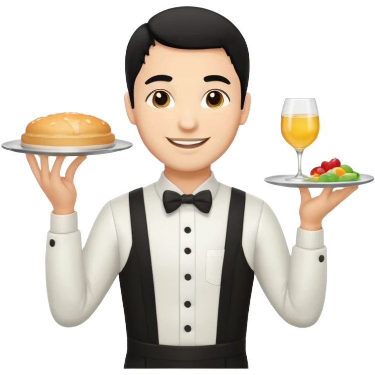 emoji man light skin and black hair, con uniforme de camarero CUERPO COMPLETO emoji