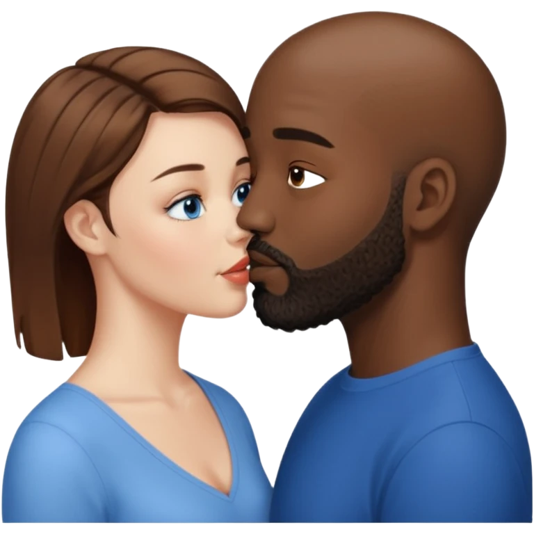 There is a white woman with short brown hair and blue eyes and a black man with no hair and a beard. The woman is giving a kiss to the forehead of the man emoji