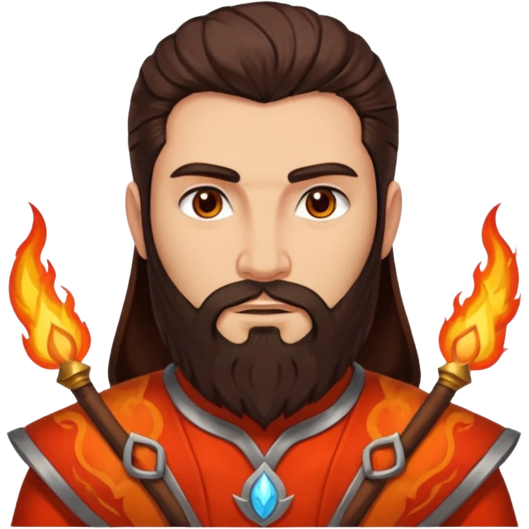 Vulcan, Fire God from Rome Mythology with long dark brown hair and beard, orange and red outfit, light tan skin emoji