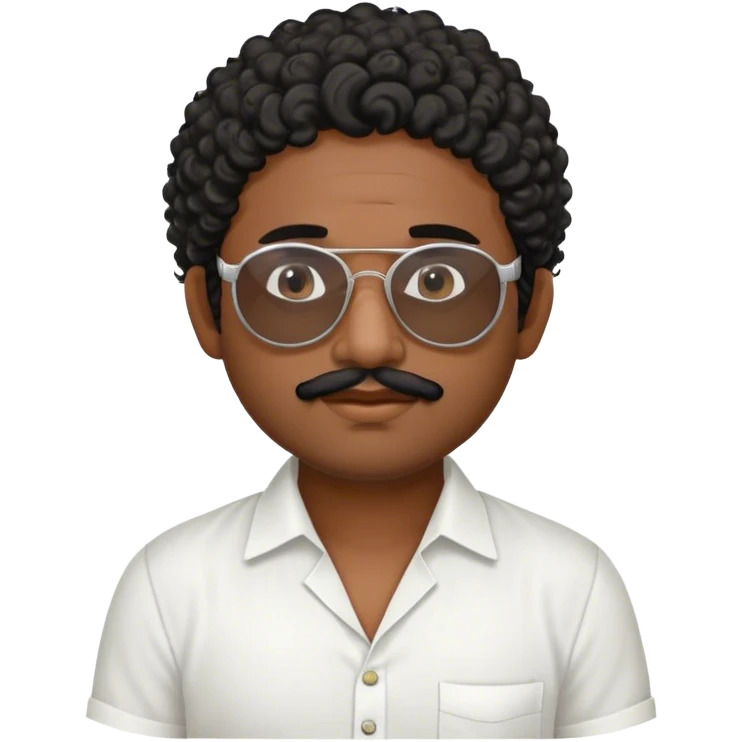 south indian man with curly hair, sunglasses, a small white semi circle on his forehead, with a white shirt and lungi, and one hand under his chin like rizz and his lower lip between his teeth from one side. emoji