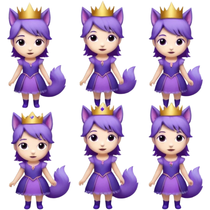 A collection of twelve chibi-style illustrations of a cute princess wearing a purple dress and crown with purple hair and purple wolf ears and purple wolf tail character. Each square shows the character doing something different against a white background And make a gap between each illusion emoji