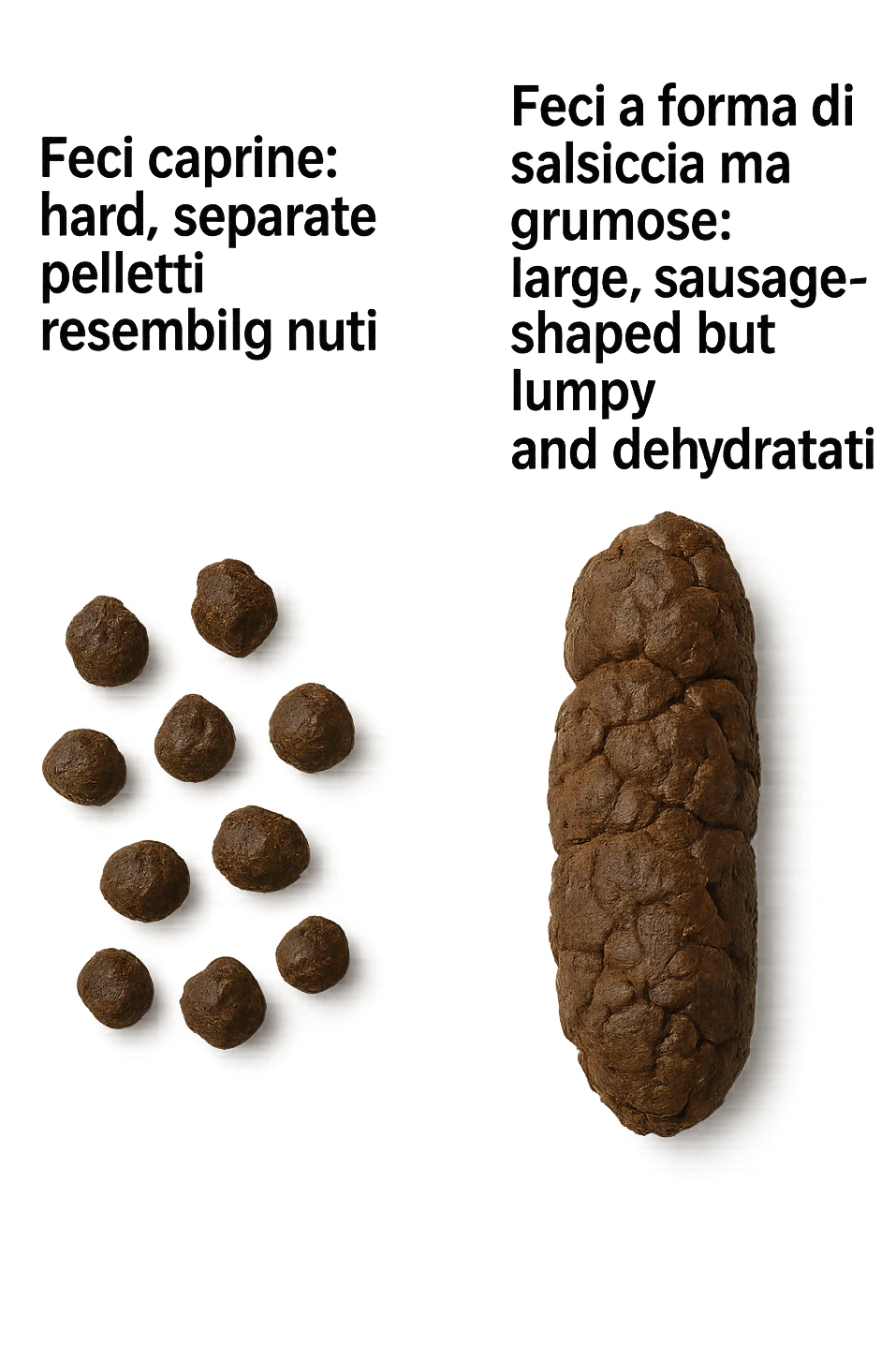 immagine di due tipi di feci iperrealistiche viste dall'alto con descrizione:
Tipo 1 – Feci caprine
Palline dure, separate, simili a noci

Tipo 2 – Feci a forma di salsiccia ma grumose
Massicce e disidratate.
 emoji