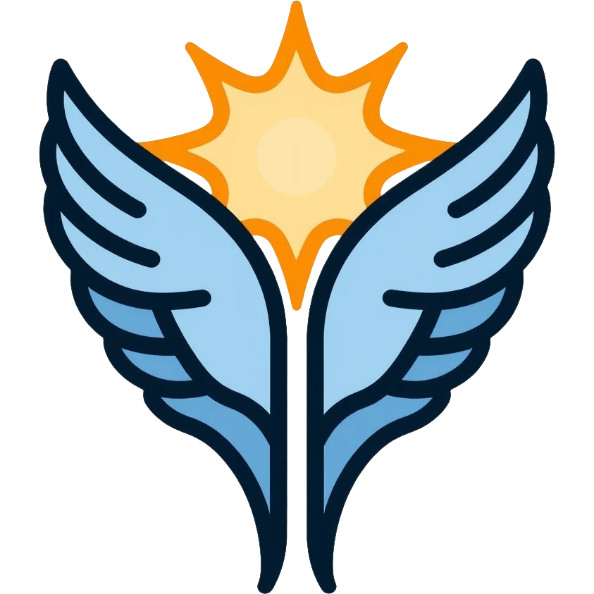 saint emblem with light blue wings and shining golden halo, divine, holy emoji