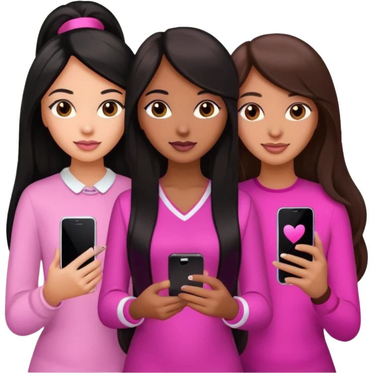 3 brown girl friends with a phone on their hand, one with black long hair, one with brown hair long and the other one with black with brown hair. Wearing pink glammed up  emoji
