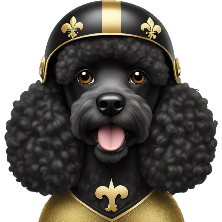 Black poodle wearing a gold football helmet with black stripe and gold fleur de lis emblem emoji