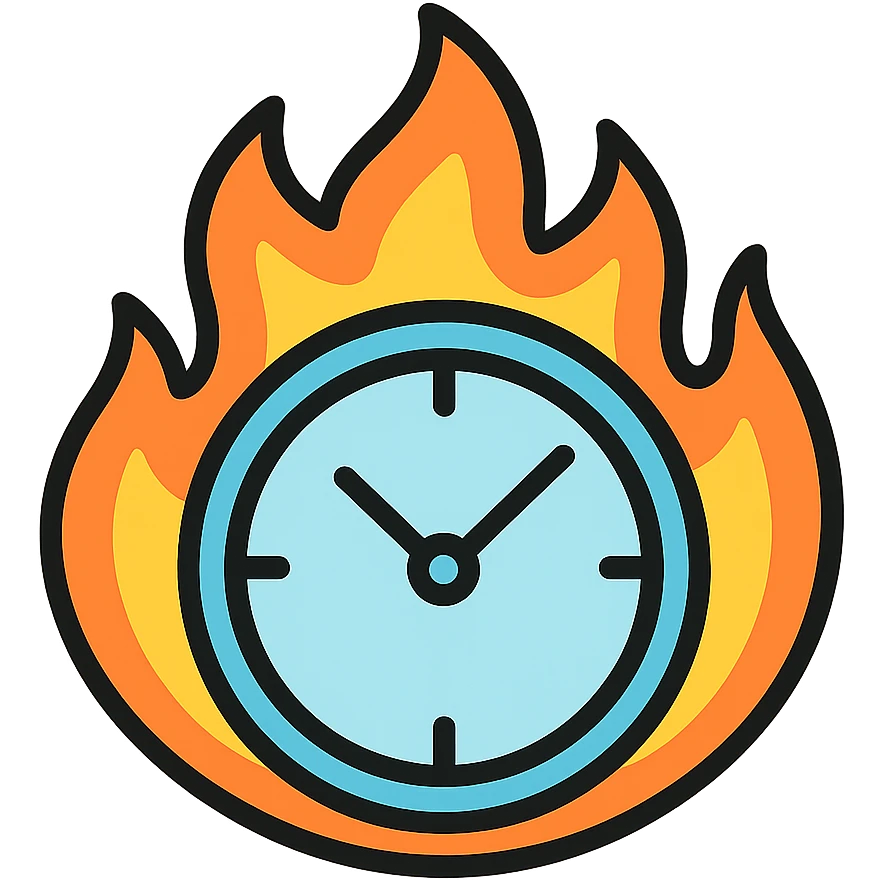 minimal color icon of a round clock with bright vivid flames, clean lines emoji
