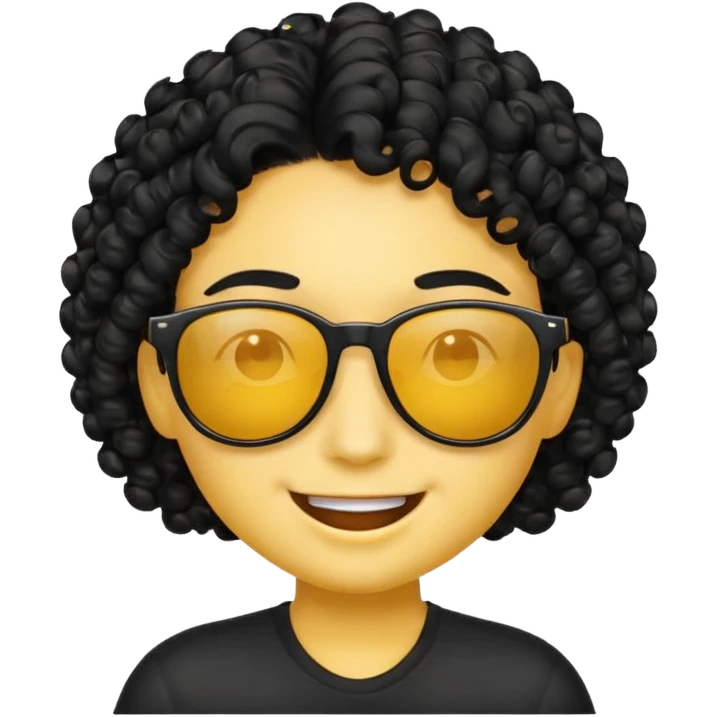 Realiza un emoticon amarillo sonriente, con lentes oscuros y cabello rizado negro emoji
