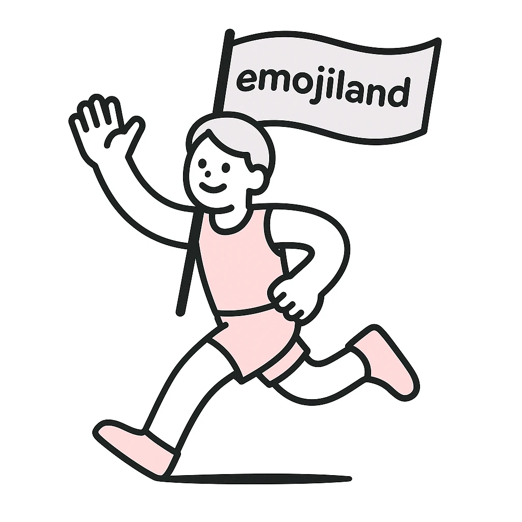 happy runner waving a flag that says 'emojiland' emoji
