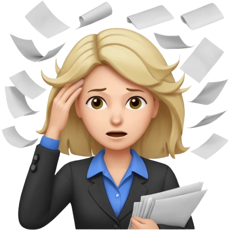 female teacher pulling her hair with stressed face, papers flying everywhere emoji