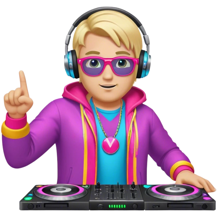 blond big man in colorful dj outfit pointing to front emoji