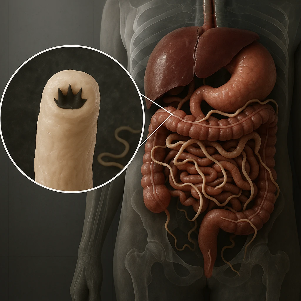 Hyperrealistic 4K anatomical section of a human body showing the intestine infested with parasites. Include a detailed close-up of one parasite. The atmosphere is clinical, referencing diseases and tumors risk. Emphasize medical detail and realism. emoji
