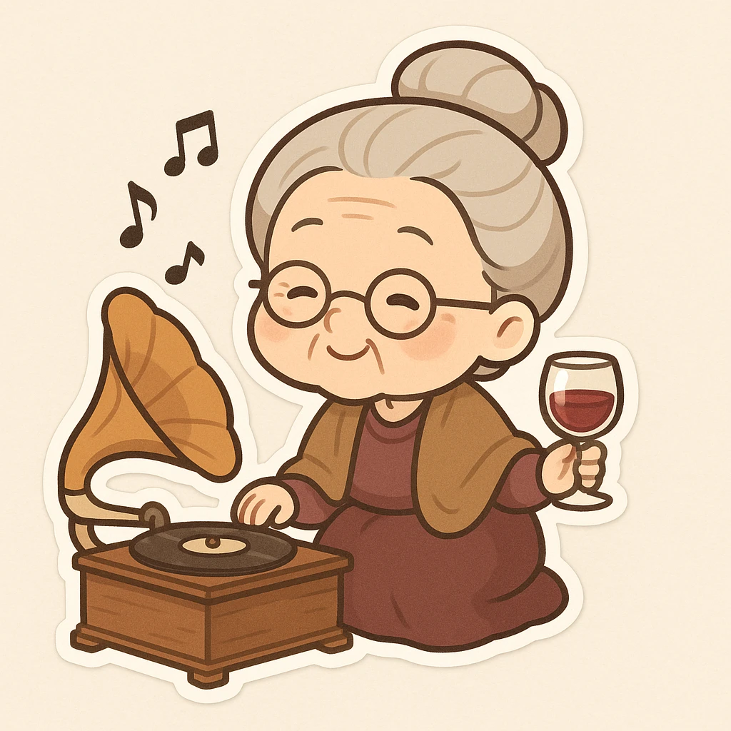old lady with wineglass listening to gramophone emoji