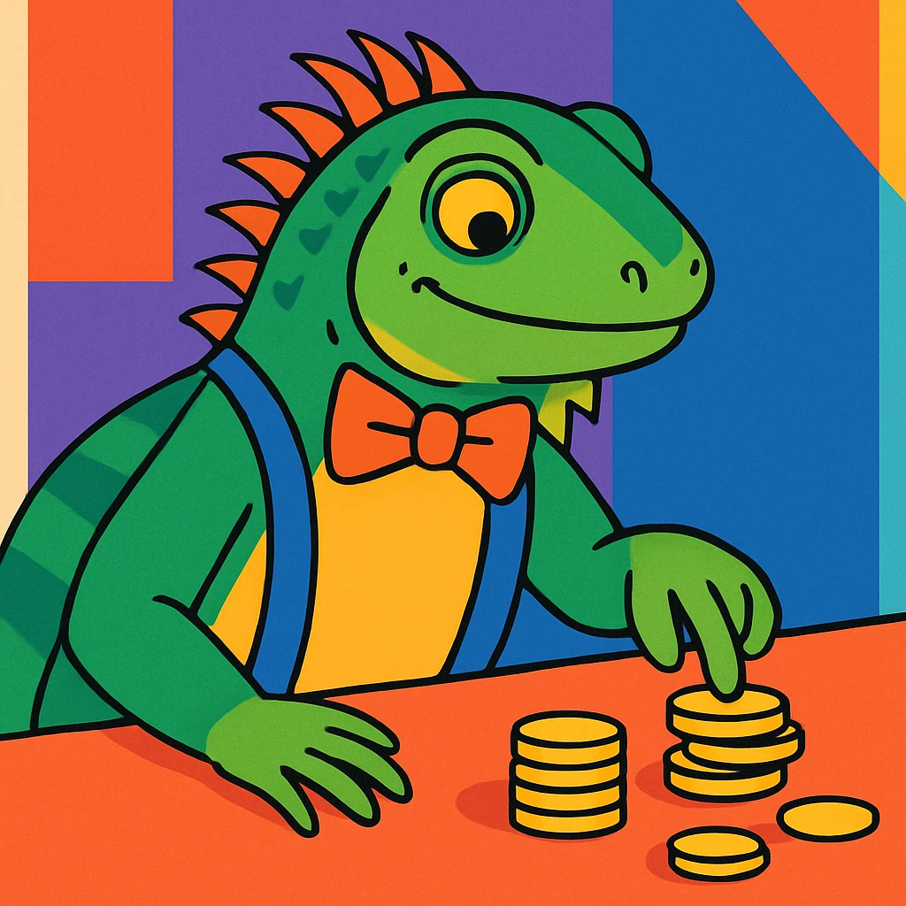 an iguana with a bow tie and suspenders, counting coins, in a colorful, modern illustration style emoji