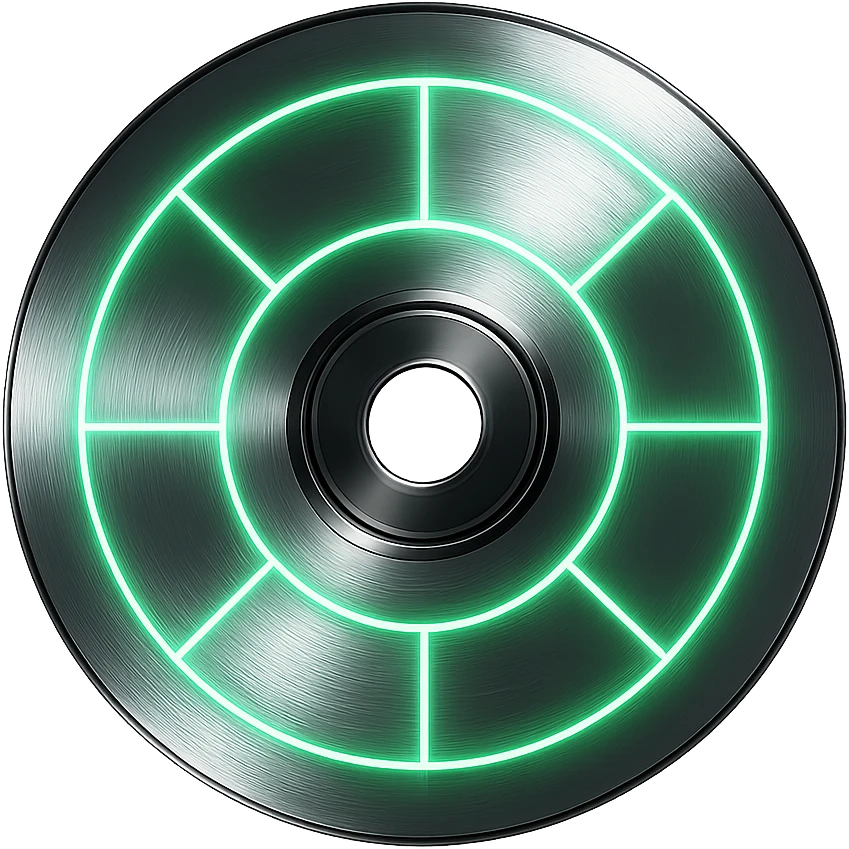 A minimalist CD disc with geometric pattern, glowing effect, green color, chrome style. emoji
