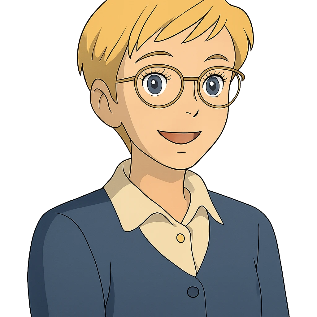 ghibli style blonde teacher with pixie haircut, gold glasses, blue eyes, big eyelashes, nice smile emoji