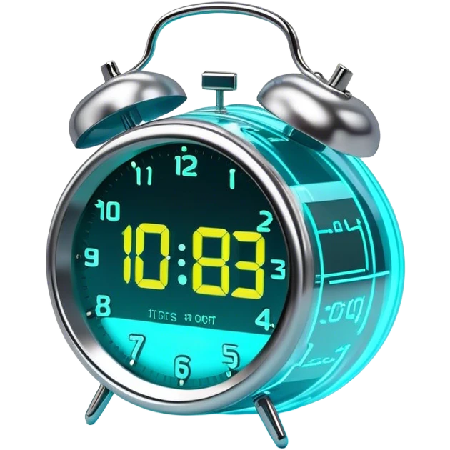 Emoji: A futuristic alarm clock displaying a glowing holographic time. The numbers slightly distort as if they are glitching or shifting through time. The clock is floating above a digital surface, emitting soft neon light. emoji