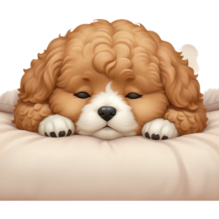Cinematic Chubby Sleeping Cavoodle Portrait Emoji, Chubby and serene, with a round, cuddly build and a soft, curly apricot coat with subtle white patches, eyes gently closed in peaceful slumber, Simplified yet irresistibly endearing features, highly detailed, glowing with a gentle, dreamy glow, high shine, relaxed and content, stylized with a touch of whimsy, bright and heartwarming, soft glowing outline, capturing the essence of a blissfully sleepy companion, so comically serene it feels like it could roll out of the screen and snore with adorable charm! emoji