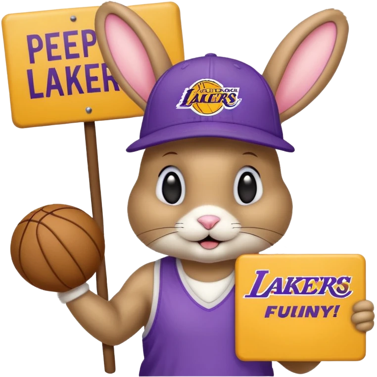 A tanish bunny with a Lakers hat and a sign that says "peewee" emoji